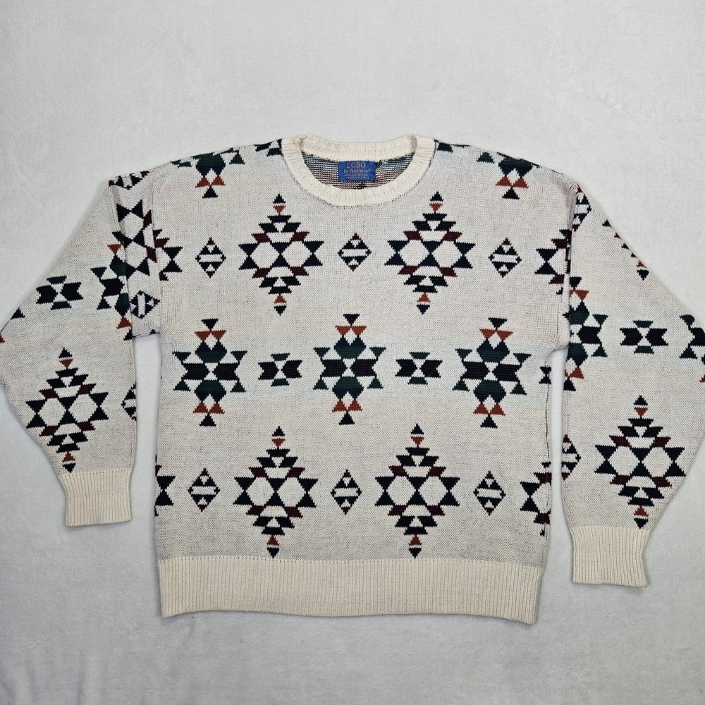 Vintage‎ 80s Lobo By Pendleton Holiday Winter Graphic White Sweater Men's Size L